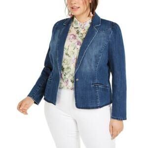 INC International Concepts Plus Size Puff-Sleeve Denim Blazer in Medium Indigo